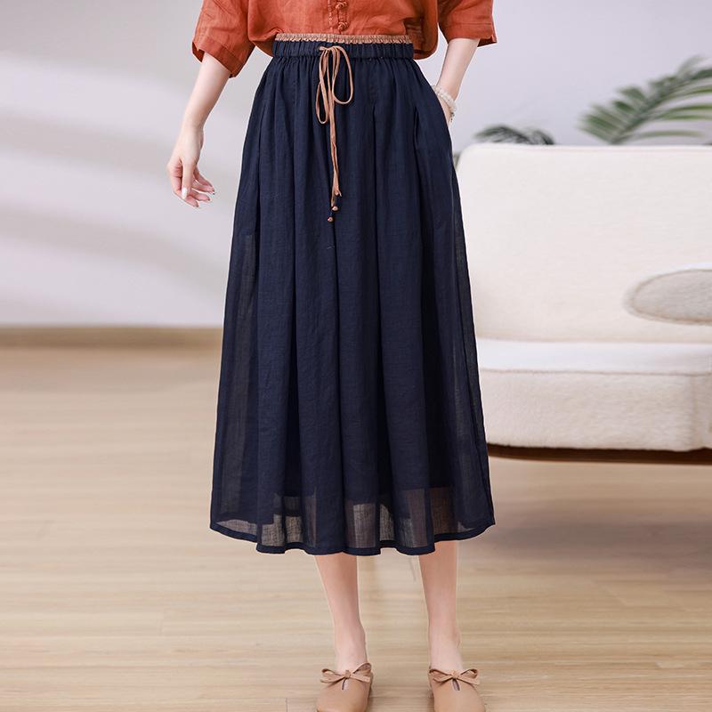 

Юбка миди из рами цвета ретро-графит с эффектом стирки, на полной хлопковой подкладке - Двухслойная летящая стройнящая длинная юбка для женщин XXL темно-синий