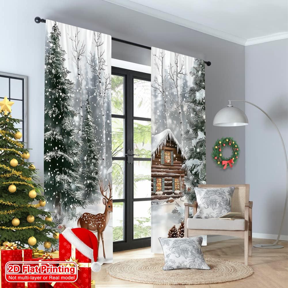 2D Flat Printing 2pcs Christmas Curtains Winter Forest and Deer Christmas Versatile Polyester Without Electricity Versatile Use