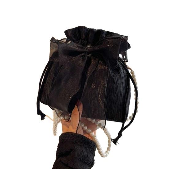 Women Single Shoulder Bag with Detachable Faux Pearl Chain Large Capacity Drawstring Handbag Purse Tulle Bowknot Crossbody Pouch