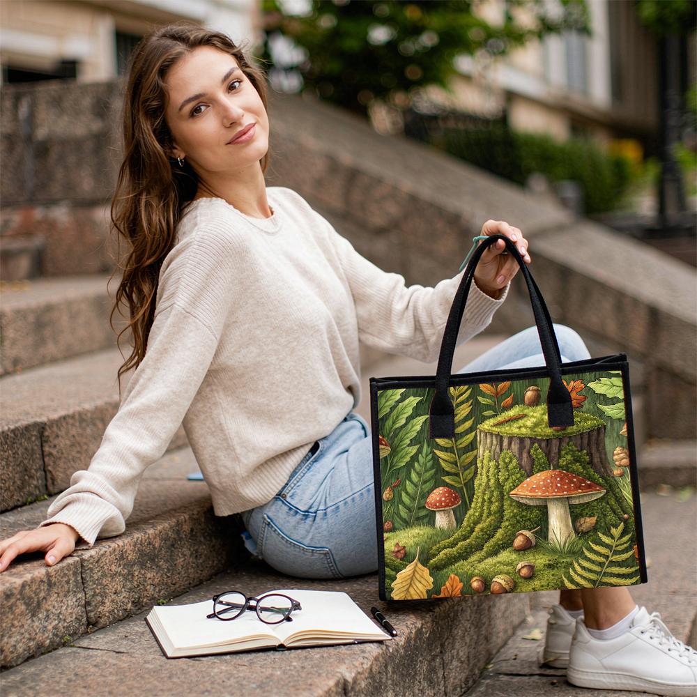 Cute Mushroom Forest Print Casual Tote Bag for Daily Use Shopping Portable Shoulder Bag 