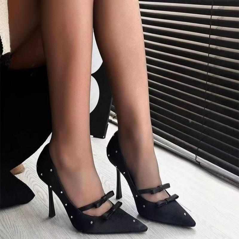 Fashion Spring New High-heeled Women's Fashion Shallow Mouth Butterfly Knot Rivets Slip-on Wear-resistant Single Shoes