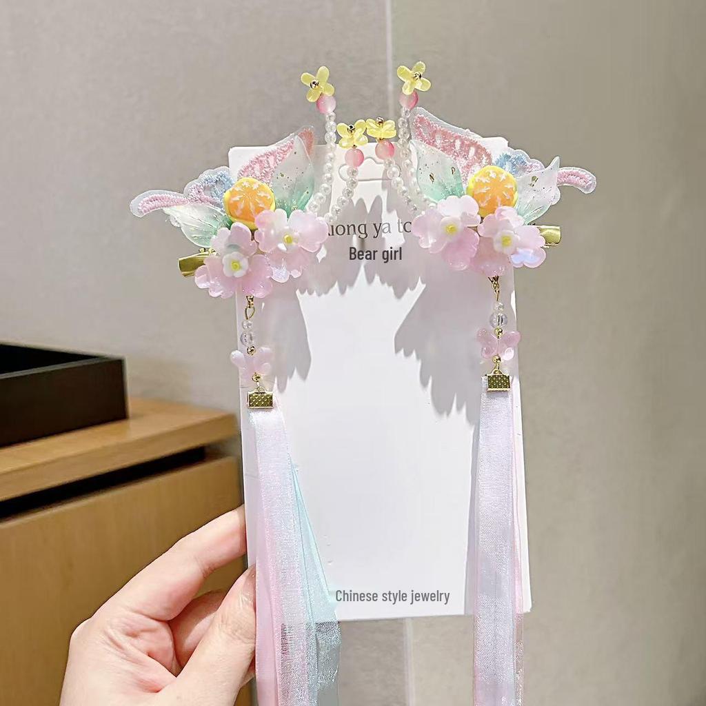 Ancient Style Hanfu Princess Butterfly Hair Clips with Long Ribbons - Children's Chinese Fairy Hair Accessories (Pair)