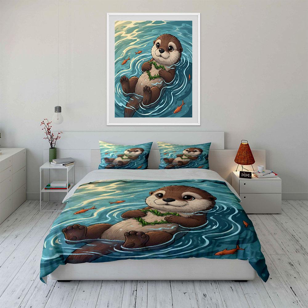 Cute Otter Floating with Heart Bedding Duvet Cover Set (1*Duvet Cover 2*Pillowcases, without duvet insert)