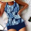 New European and American Split Swimsuit Women's Conservative Boxers Close Waist Tight Belly Cover Color Printed Swimsuit