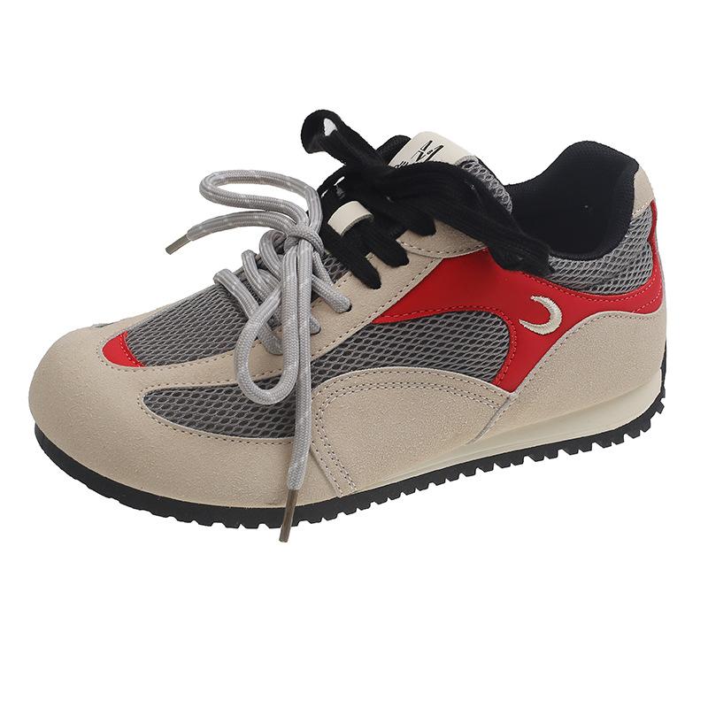 Double cowhide version shoelaces breathable inner height increase moral training shoes women's spring and summer flat mesh letters ugly cute casual