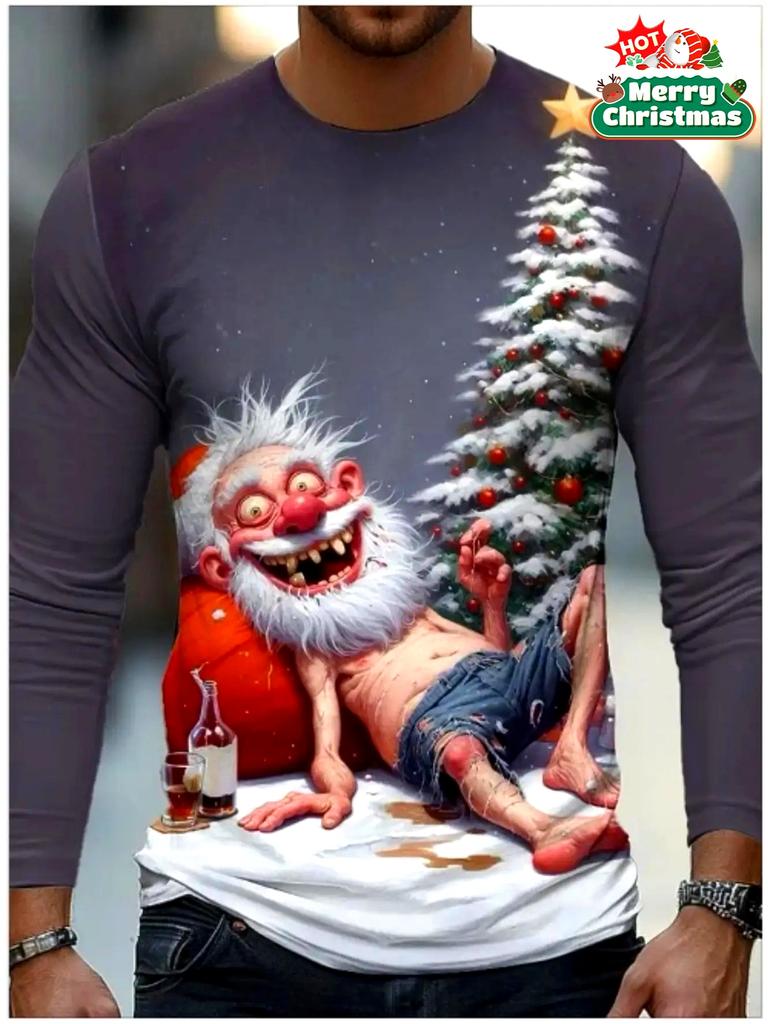 Men 3D Santa Gnome Print Christmas Long Sleeve Tee Plus Size