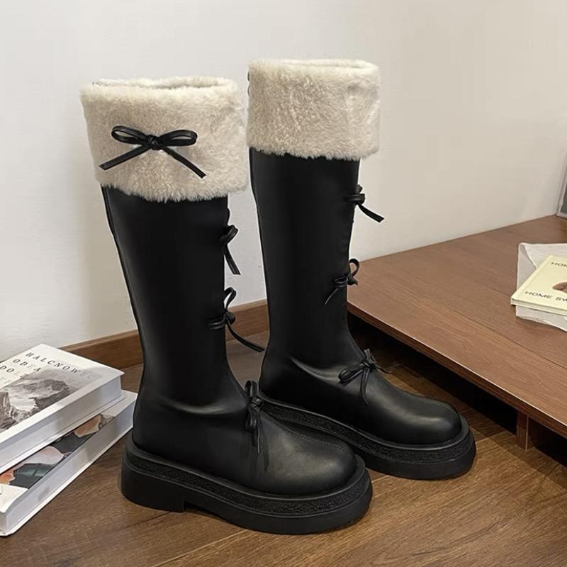 Autumn Winter Short Plush Woman Knee High Boot Fashion Butterfly-knot Knight Long Booties Thick Bottom Botas Feminino