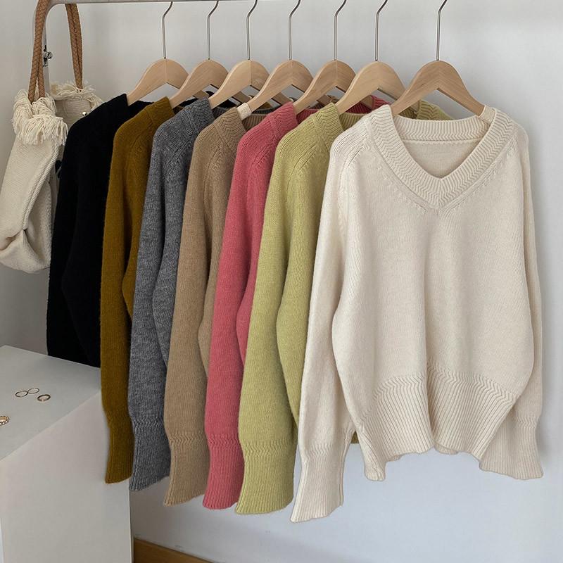 Svetr pro ženy Podzim Zima Zesílený Hřejivý Pletený Pružný Dlouhý rukáv Výstřih do V Topy