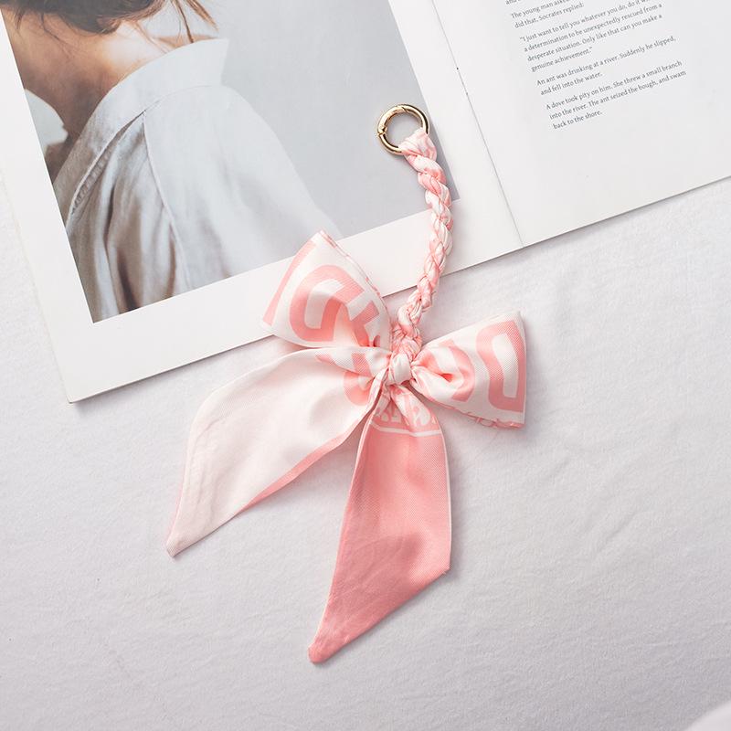 Silk Scarf Keychain with Horseshoe Buckle and Ribbon Bow for Bags and Cars