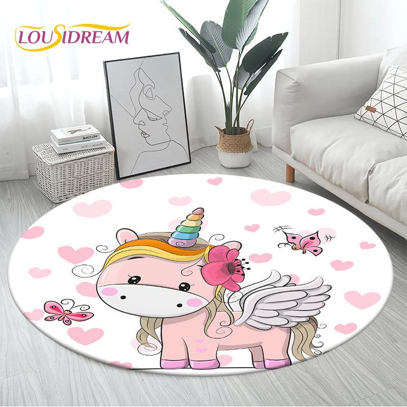 3D Cartoon Cute Unicorn Area Rug Large,Round Carpet Rug for Living Room Bedroom Sofa Decoration,Children Play Non-slip Floor Mat