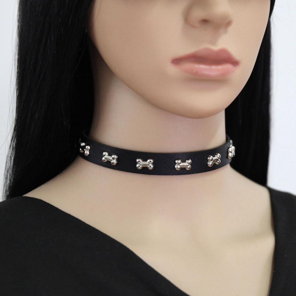 Colar Gargantilha de Couro com Pingente de Osso Estiloso Corrente Ajustável Moda Alternativa Rocker Metal Acessório de Gargantilhas de Couro