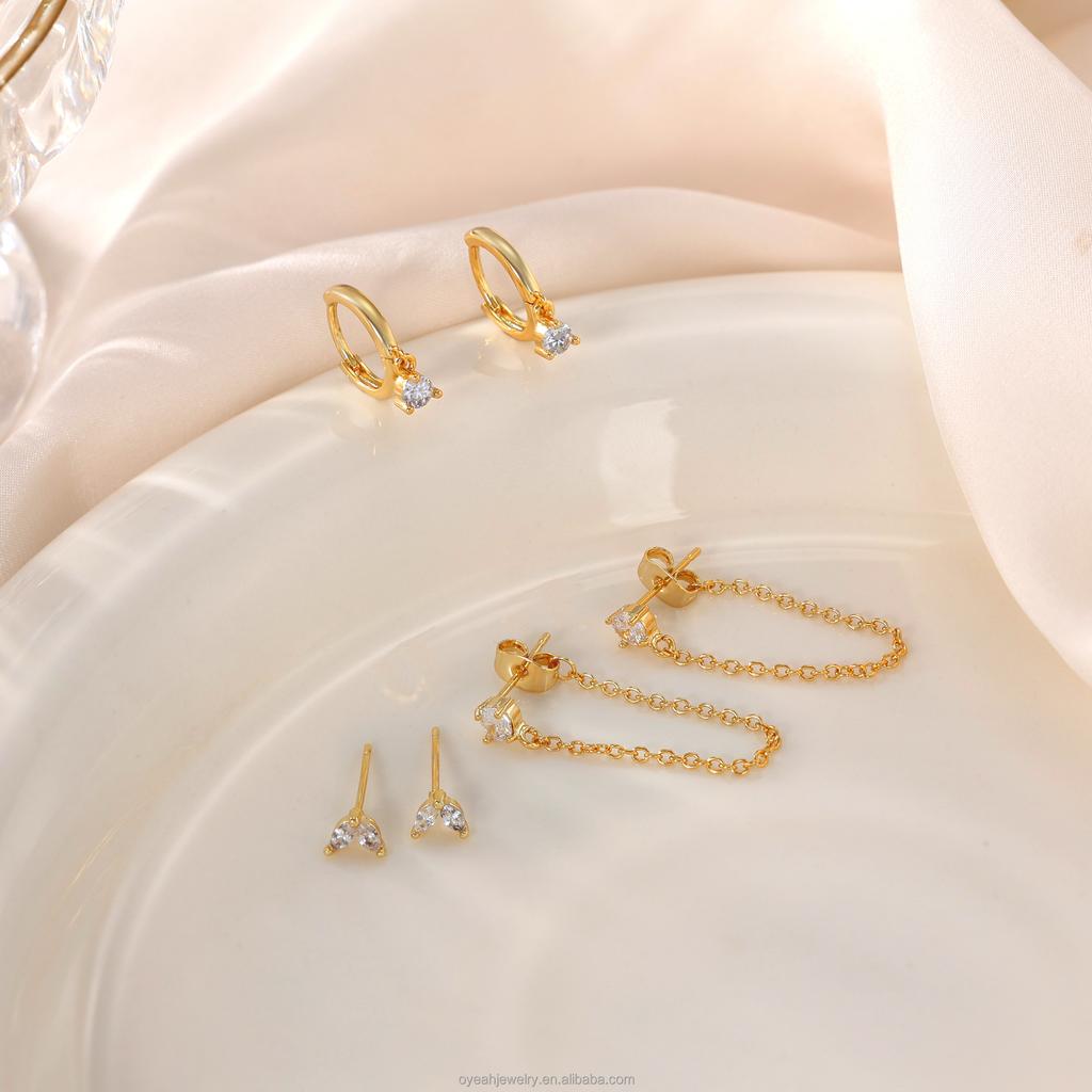 3 Pairs Zircon Pendant Stud Chain Hoop Earrings Set for Women Gold Plated Brass Dangle Jewelry