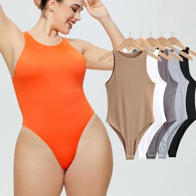Damen Basic Ripp Tank Bodysuit Ärmellos Rundhals Slim Fit Stretch Tanktops Neckholder Jumpsuits