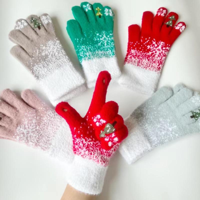 Warm Gloves Christmas Tree Gloves Women's Winter Touchable Screen Snowflake Thick Fury Riding and Driving Gloves