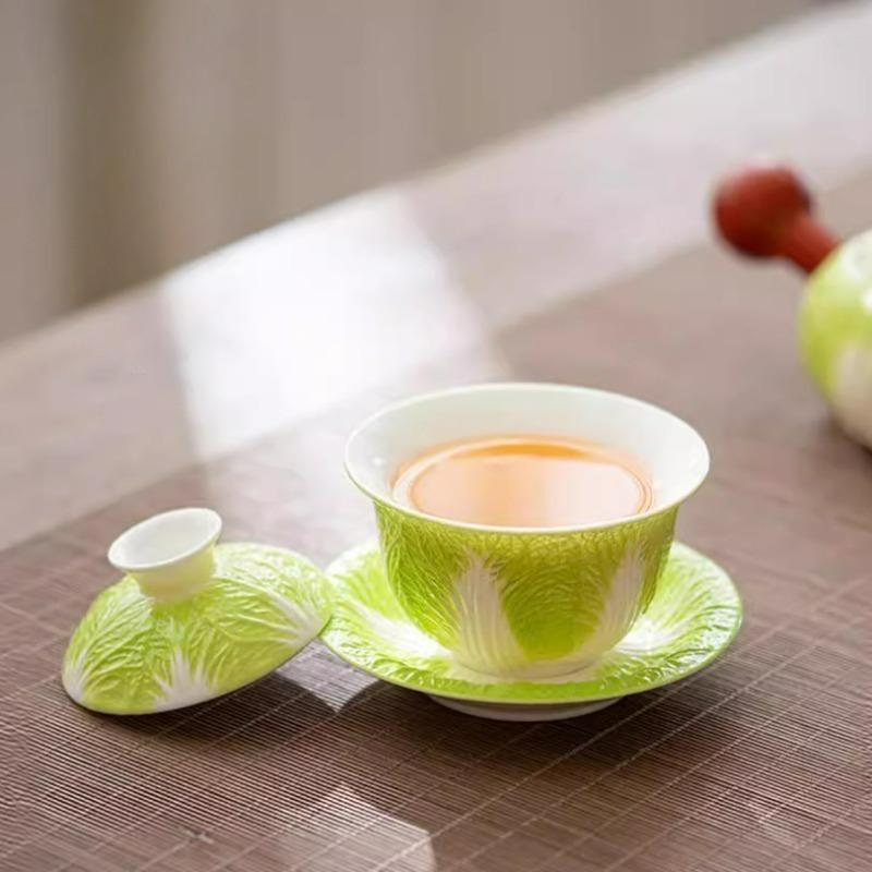 Schafsfett Jade Porzellan Bai Cai Gaiwan Weißes Keramik-Teegeschirr Kreative Haushaltsnutzung Kohlendesign Kung Fu Brautasse mit Deckel