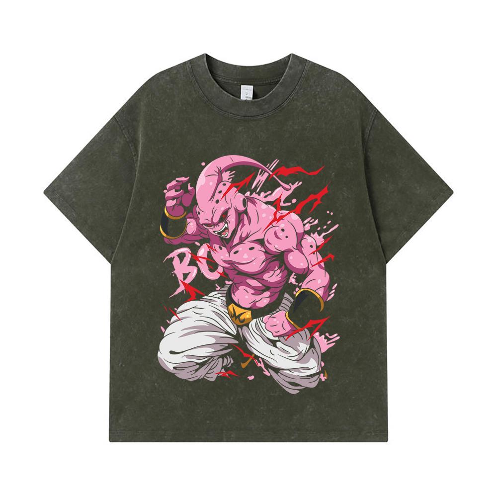 

275 GSM Washed T-shirts 100% Cotton Dragon Ball V13 Majin Buu Print Unisex Heavy Cotton T Shirt S армия зеленый