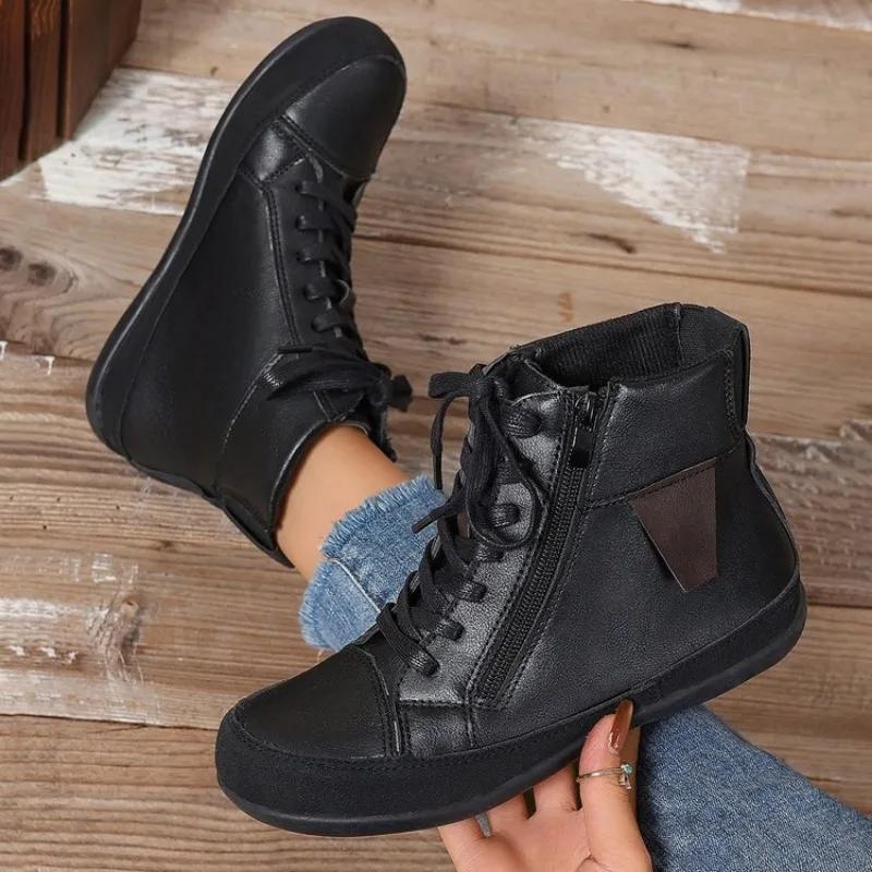 Winter New Flat Single Shoes Women's Round Head Front Strap Side Zipper Soft Sole Anti-slip Wear-resistant Short Boots