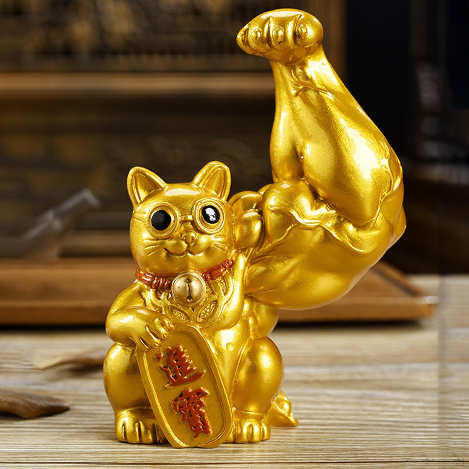 

Cat Sculpture, Feng Shui Wealth Resin Crafts for Bookcase Statue Ornament A-Gold Left