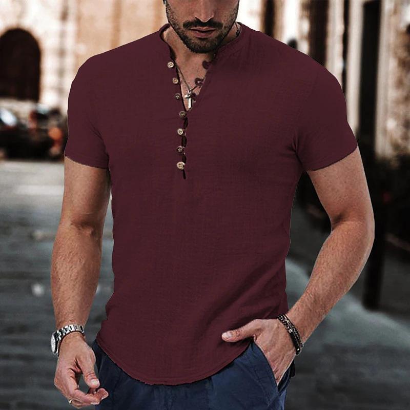 Men s Short Sleeve Tshirt V Neck Button Cotton Linen Shirt Men s Casual Clothes Popular Tops for Men S красный