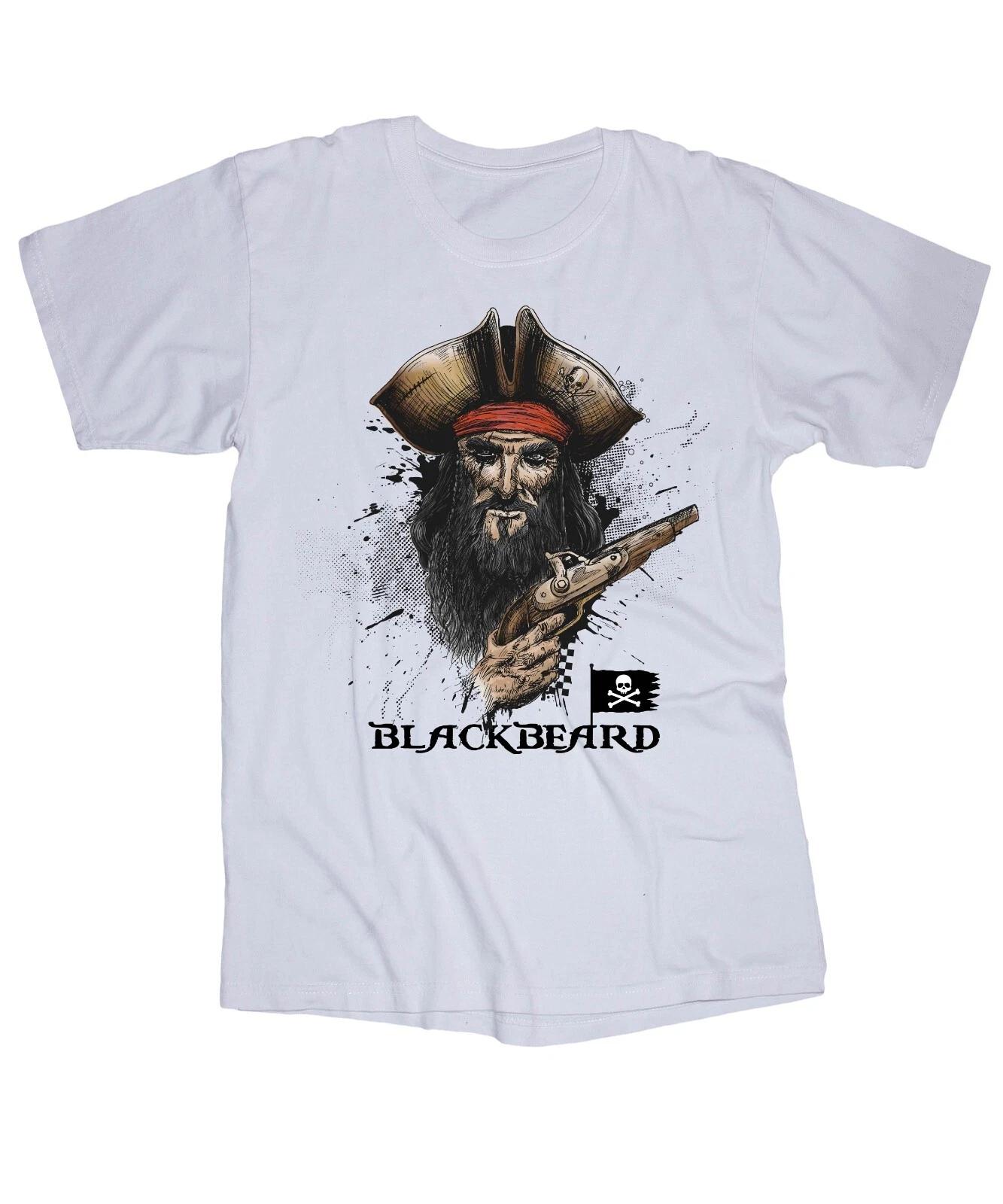 

BLACKBEARD Pirate white T-shirt Famous Pirate Ship Caribbean Sailing the sea S