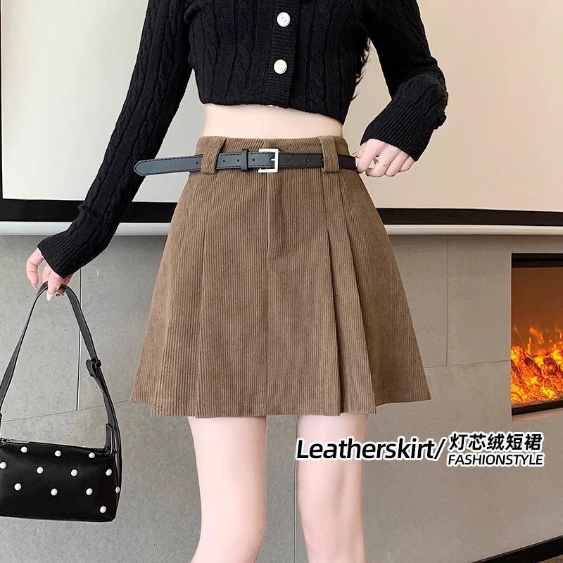 Women's High Waist Khaki Corduroy A-Line Mini Skirt - Petite Slimming Pleated Design for Autumn/Winter 2024