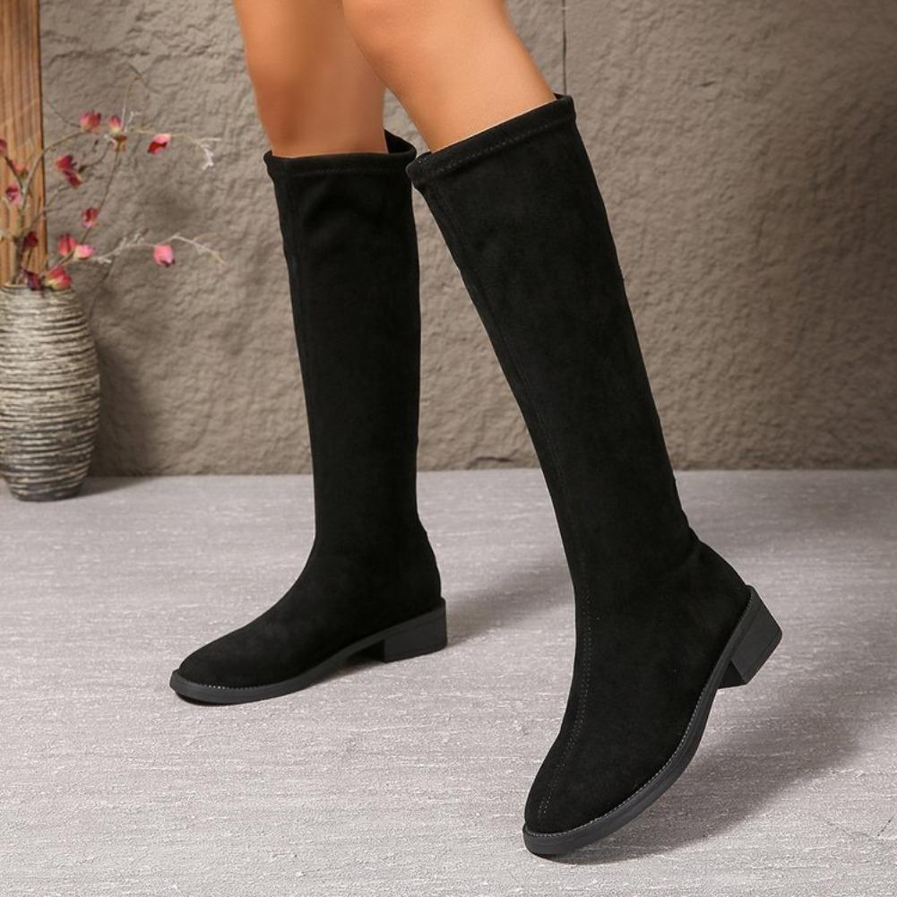 Damskie Modne Kozaki Wiosna i Jesień Nowy Styl Okrągły Nosek Tylny Zamek Kozaki do Kolana Kobiety Szyte Wysokie Kozaki