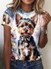 Pastel Floral Puppy Women's Tee - Cute Yorkie & "Love" Tag Graphic, Sweet Pet Print Design for Casual Daily Wear