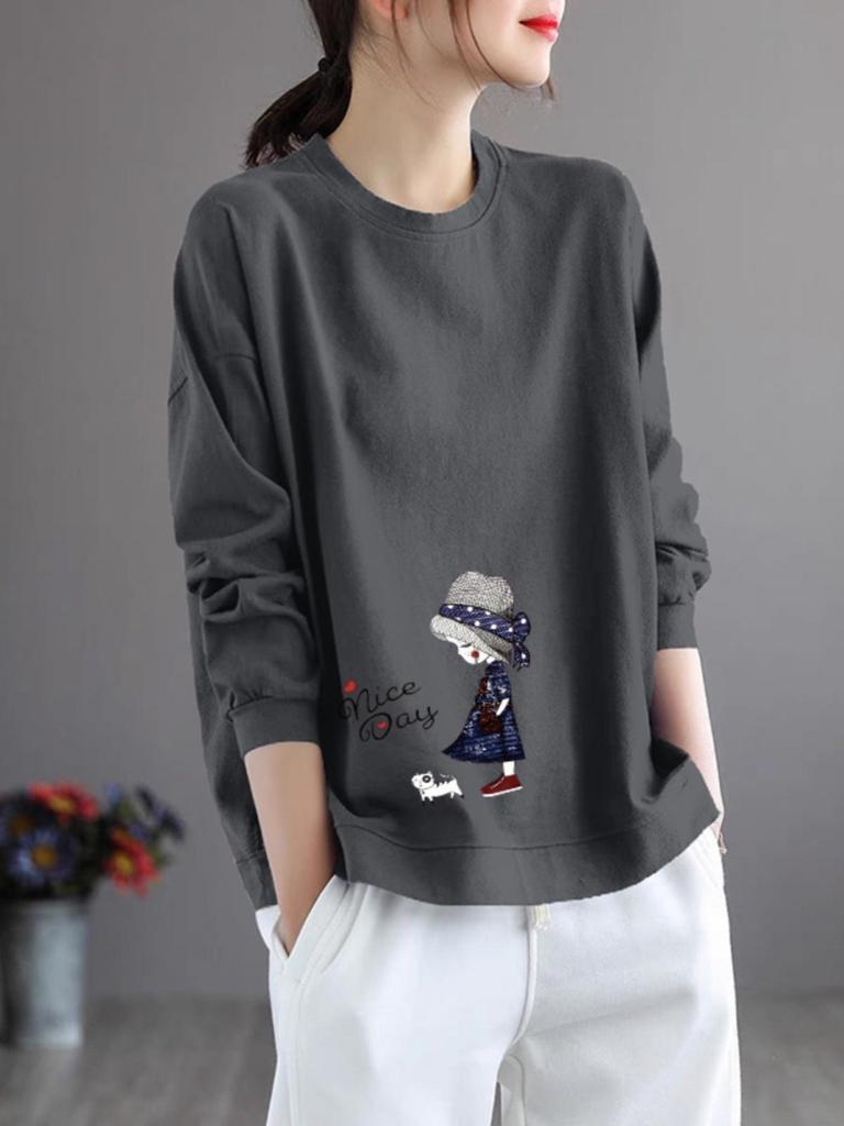 Brand Women's Plus Size Long Sleeve Printed Cotton Top – Round Neck, Casual Style