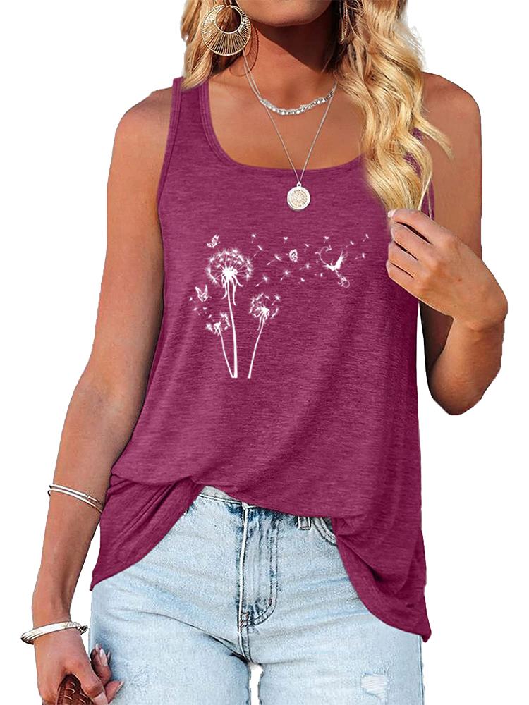 Women Fashion Print Sleeveless Top Summer Casual Round Neck T-shirt Pullover Loose Ladies Round Neck Tank Top