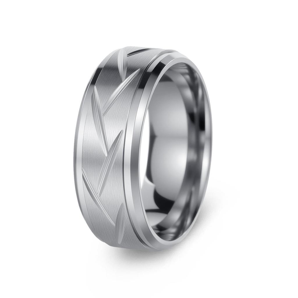 Retro Engraved Stainless Steel Men's Ring - Sanded Titanium, European & American Design, Colorfast