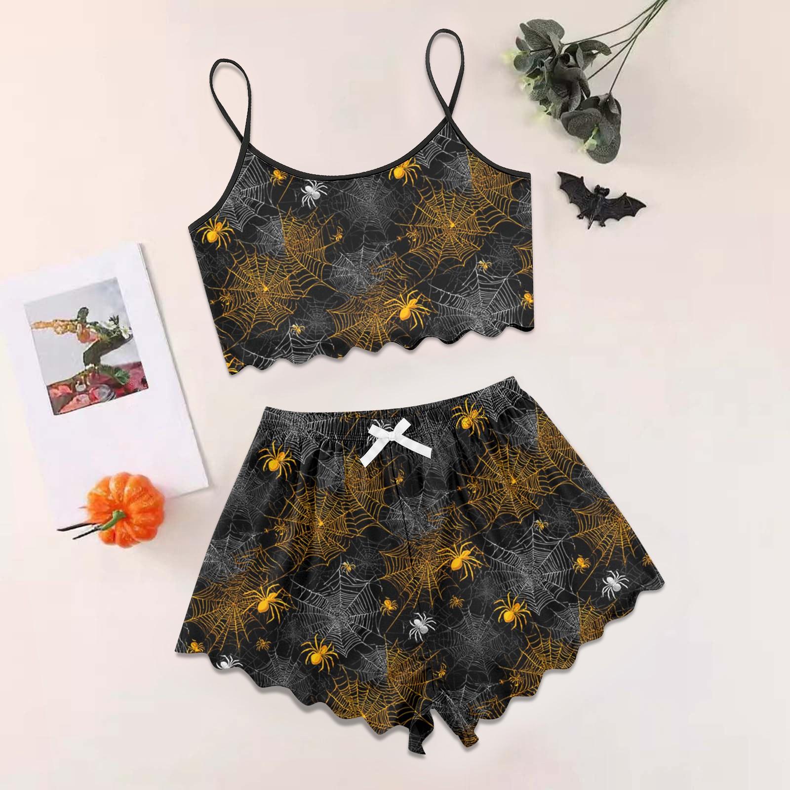 

Women s Halloween Set With Retro Floral Print Suspender Sleeveless Vest Shorts Pajama Set S