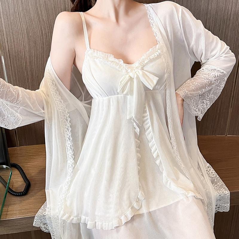 Seductive Sexy Suspender Sex Nightdress Women'S Mesh Lace Nightgown Loungewear With Chest Pad Pajama Set