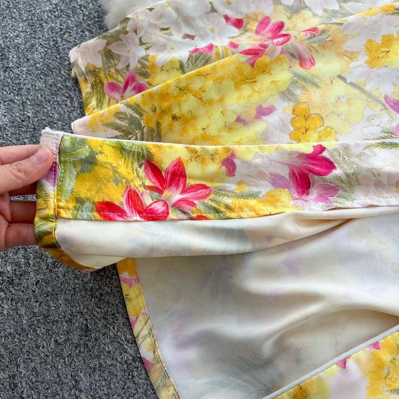 Modisches Frühlings-Damenkleid zum Schnüren, geraffte Taille, Revers, langärmliger Cardigan, elegantes bedrucktes Kleid