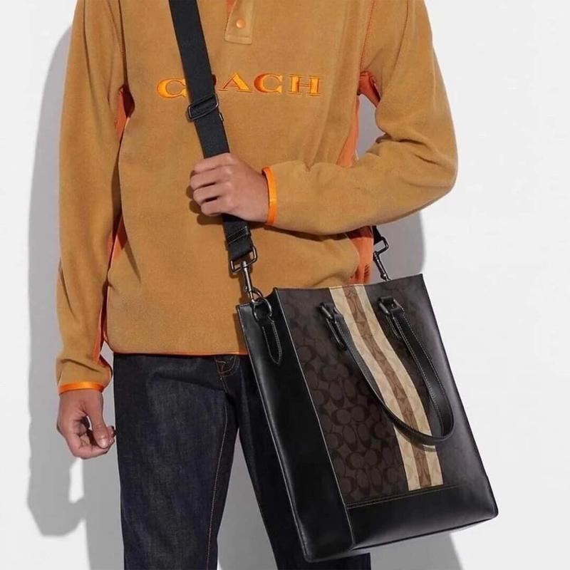 Coach Graham Slim Brief Striped Monogram Faux Leather Tote Shopping Bag Crossbody Handbag Men Tote Bags Brown 6707-QBMAA