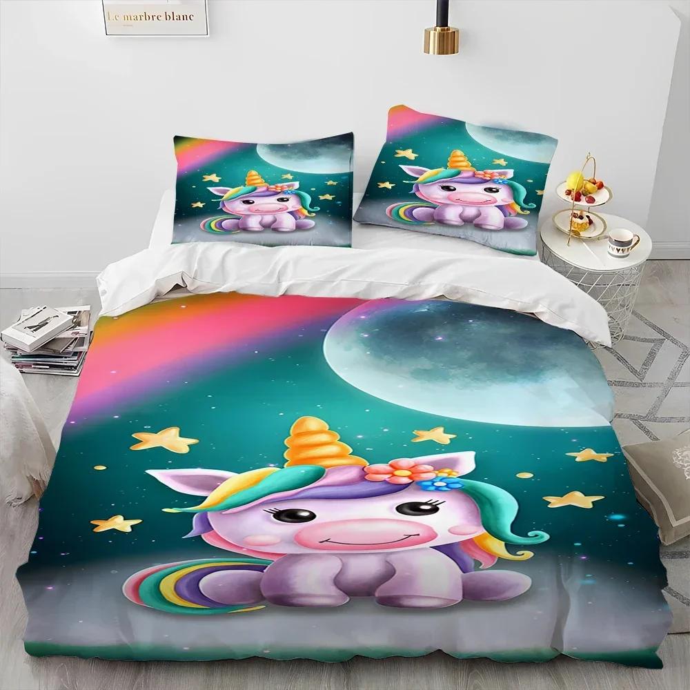 Luxury New 3D Print Unicorn Cute Cartoon Comforter Bedding Set,Duvet Cover Bed Set Quilt Cover Pillowcase,Queen Bedding Set