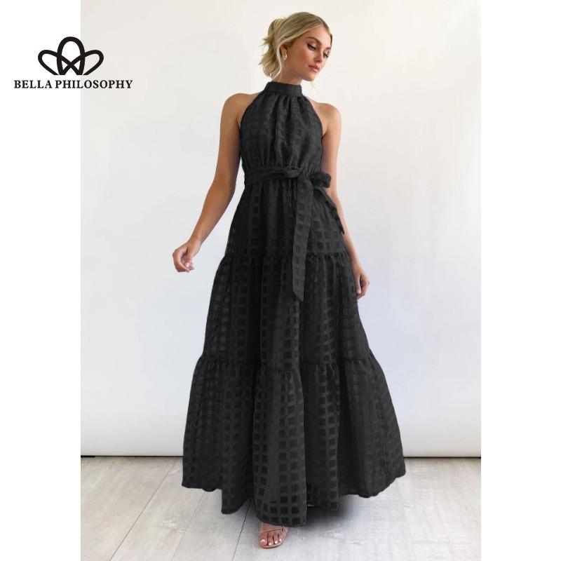 Evropská americká léto Nové pro volný čas Špičkové šaty bez rukávů v pase Velká houpačka Lehký vítr Plážové prázdninové šaty ke krku