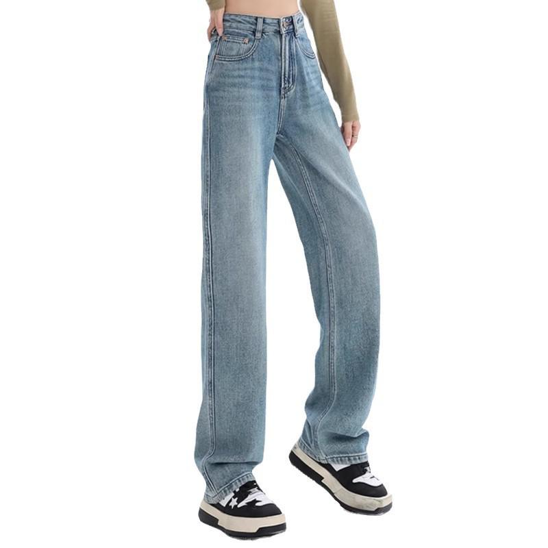 Women's Spring Fashion Light Blue Fleece-Lined High-Waisted Wide-Leg Jeans - Slimming, Loose, Straight-Leg Pants