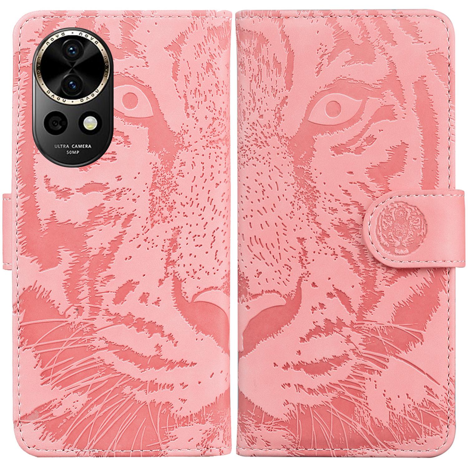 

For Huawei nova 12 5G Case Anti-Fall Tiger Imprint PU Leather Phone Cover Pink