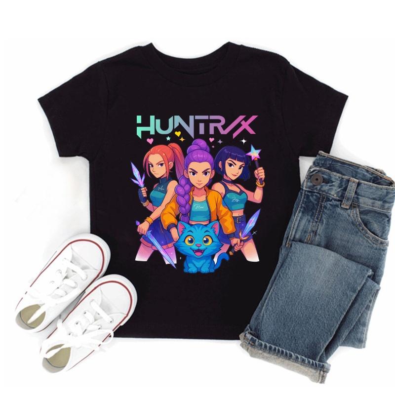 Hot Sale Kpop Demon Hunters Print Fashion Kids T-shirt Baby Boys Girls Clothes Summer Children Cotton Short Sleeve Black T shirt