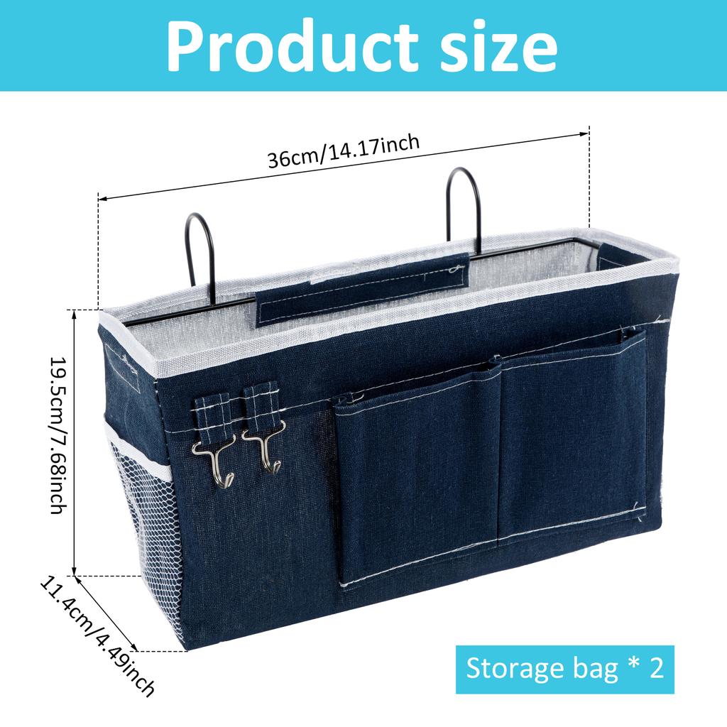 2Pcs Bedside Caddy Bed Organizer Bag with Pockets Canvas Hanging Hook Dorm Rooms Bed Bedroom Kitchen Storage Bag