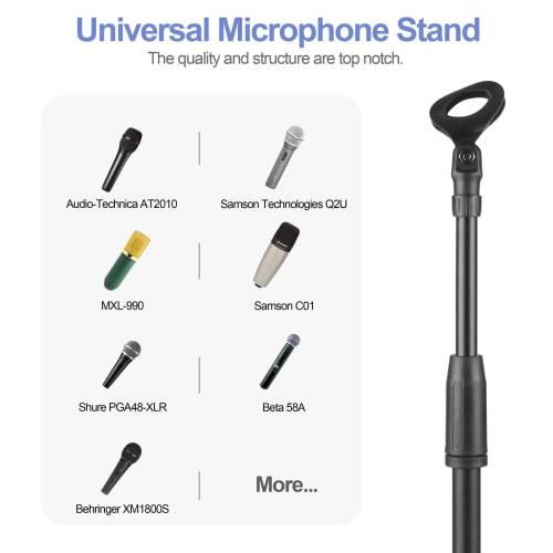 OUKMIC Adjustable Karaoke Microphone Stand, Universal Floor-Standing Detachable Microphone Stand with Weighted Round Base, Cable Clip, Barrel Mic Clip