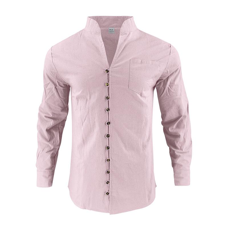 Mens Stand Collar Solid Color Loose Casual Long Sleeve Shirt