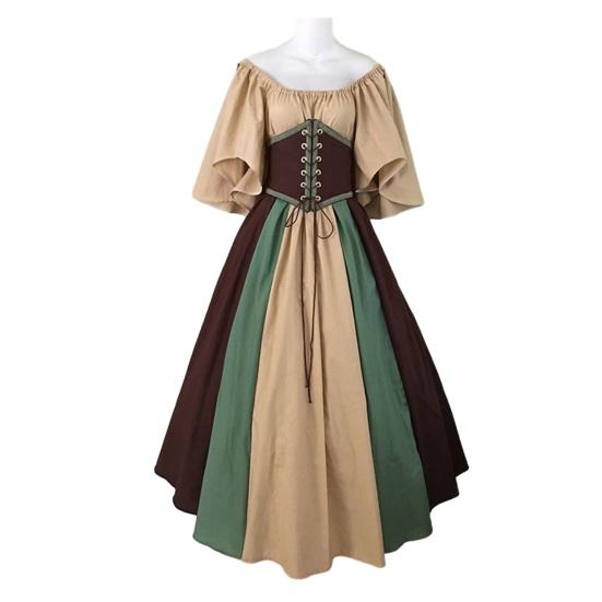 

Женское платье на Хэллоуин Хэллоуин Костюм для вечеринки с летающими рукавами трапециевидной формы с большим подолом в стиле пэчворк с открытыми плечами плиссированные с узкой талией Средневековое винтажное платье макси XL кофейный