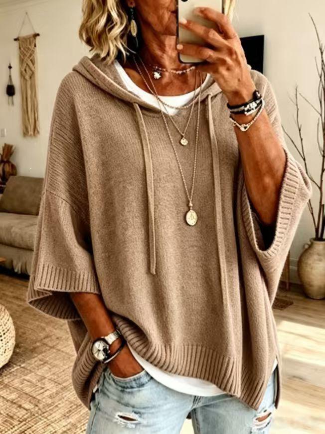 2026 Europe Autumn/Winter Women's Loose Hooded Knit Sweater with Drawstring
