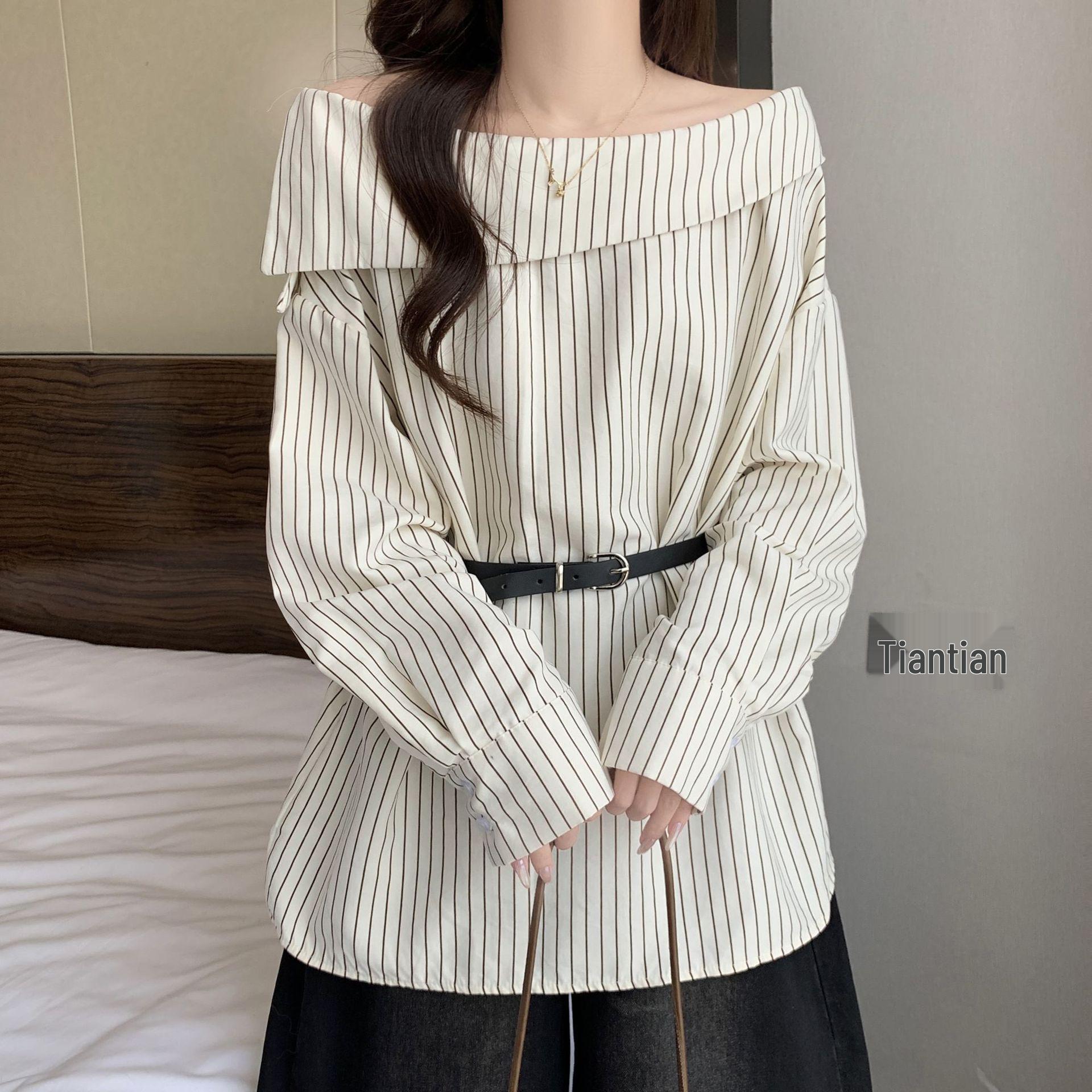 Women s Striped Off-the-Shoulder Long-Sleeve Shirt, Asymmetrical Neckline, Fitted Waist, Perfect for Spring/Autumn M