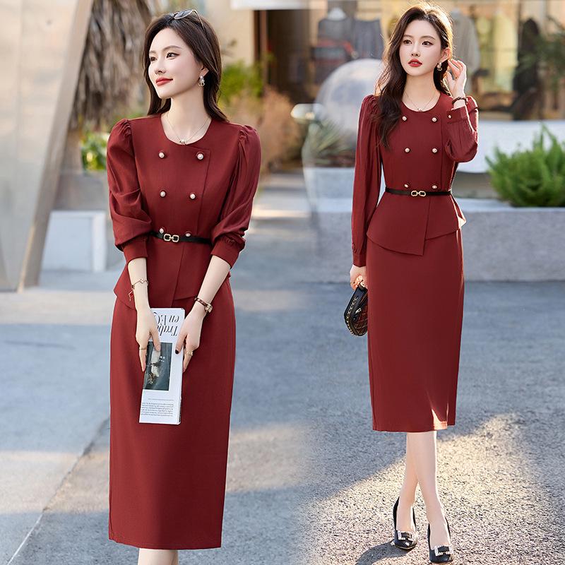 2025 Spring/Summer Women's Elegant Double-Breasted Two-Piece Mid-Length Dress JX2512