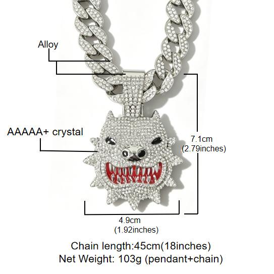 Hip Hop Diamond Pitbull Pendant Cuban Chain Alloy Full Diamond Trend Brand Accessories Personalized Men'S Street Rap Necklace