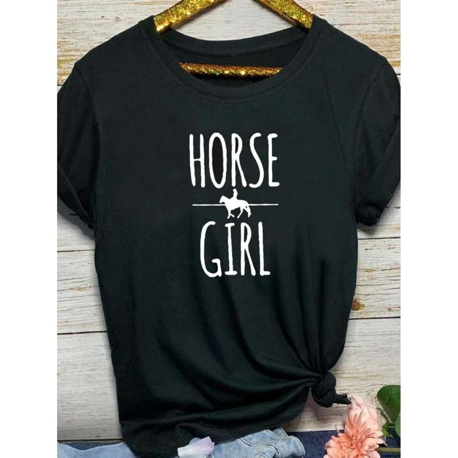 

Футболка с принтом в виде буквы HORSE GIRL, женская, с коротким рукавом и круглым вырезом, свободная, летняя, женская, повседневная, футболка, топы, Camisetas Mujer S чёрный