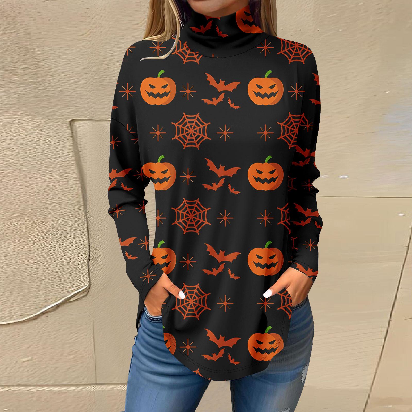 

Жіночі футболки для осені Повсякденні сорочки з довгими рукавами Світшоти Хеллоуїн Пуловер з високим горлом і принтом L шафрановий