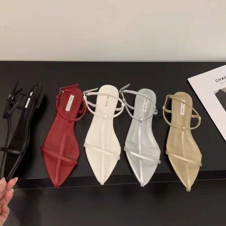 

Flat bottom thin strap black sandals shoes new summer seaside beach with skirt shoes 40 бордовый